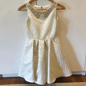 Girls white dress w/ silver dots & jewel neckline